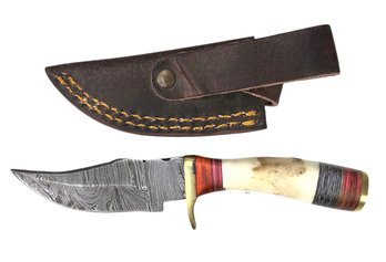 Damascus Steel Miniature Hunting Knife With Carved Bone Handle & Leather Sheath - #S13-1-28