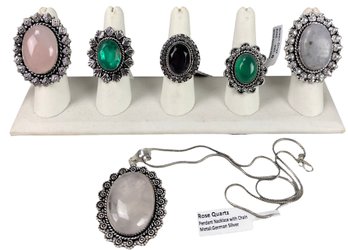 Collection Of German Silver Cocktail Rings & Pendant Necklace - #FS-5