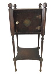 Antique Wood Smoking Stand With Galleon Ship Painted Door & Porcelain Knob - #FF