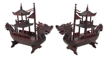 Chinese Hand Carved Rosewood Dragon Boat With Stand (Set Of 2) - #FS-4