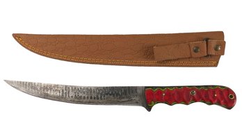 Damascus Steel Fillet Knife With Leather Sheath - #S13-1-5