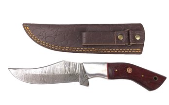 Damascus Steel Skinning Knife With Leather Sheath - #S13-1-8