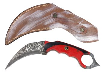 Damascus Steel Karambit Knife With Leather Sheath - #S13-2-12