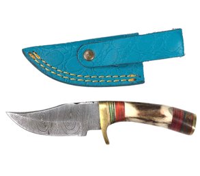 Damascus Steel Miniature Hunting Knife With Carved Bone Handle & Leather Sheath - #S13-2-13