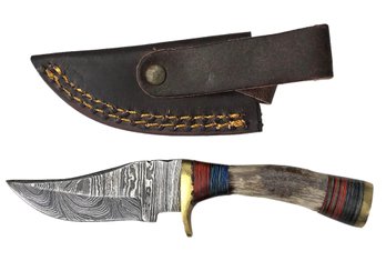 Damascus Steel Miniature Hunting Knife With Carved Bone Handle & Leather Sheath - #S13-2-16