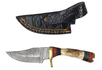 Damascus Steel Miniature Hunting Knife With Carved Bone Handle & Leather Sheath - #S13-1-19