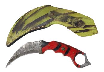 Damascus Steel Karambit Knife With Leather Sheath - #S13-1-26