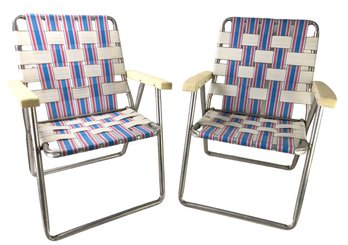 Vintage Red, White & Blue Webbed Aluminum Folding Lawn Chairs - #BR