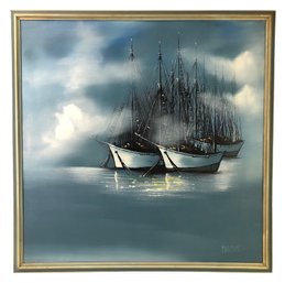 Ship Harbor Oil On Canvas Painting, Signed Carlson - #SW-8