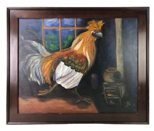 Farmhouse Rooster Oil On Canvas Painting, Signed - #ST