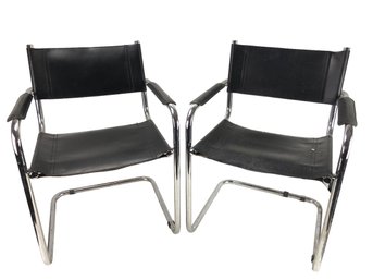 Mid-Century Chrome & Black Leather Cantilever Chairs (Set Of 2) - #BR