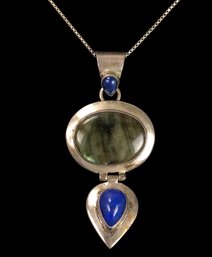 Sterling Silver Labradorite & Lapis Lazuli Pendant Necklace (Made In Italy) - #JC-B