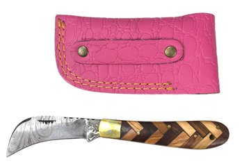 Damascus Steel Pocket Knife With Herringbone Wood Handle & Leather Sheath - #S13-2-20