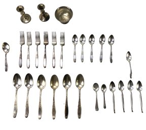 Collection Of Assorted Silver Plated Flatware, Candlesticks & Footed Bowl - #JC-R