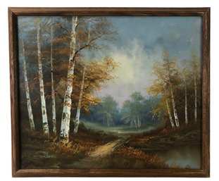 White Birch Tree Forest Landscape Oil On Canvas Painting, Signed - #LBW-W