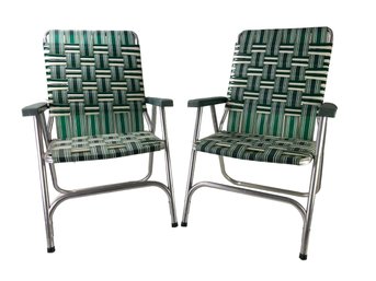 Vintage Green & White Webbed Jelly Tube Aluminum Folding Lawn Chairs (Set Of 2) - #BR