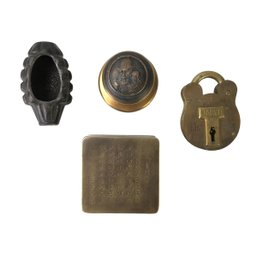 Brass Admiralty Padlock, Grenade Ashtray, Bombay Co. Ink Box & Brass Wax Press - #S13-3