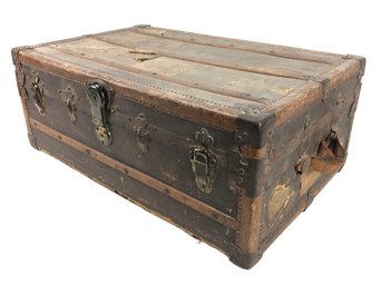 Antique Steamer Trunk With Leather Side Handles - #FF