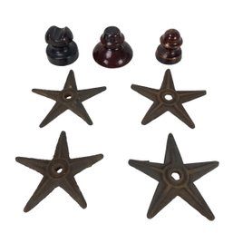 Collection Of Antique Cast Iron Star Candleholders & Ceramic Brown Insulators - #S9-1