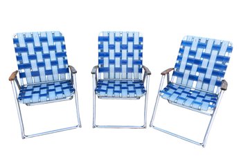 Vintage Blue & White Webbed Aluminum Folding Lawn Chairs (Set Of 3) - #BR