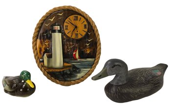 Mallard Wood Duck Decoy, 1989 Signed Anne Dewaniero Cape Cod Clock & Duck Coin Bank - #S7-3
