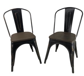 Black Metal Stackable Bistro Chairs With Wood Seats (Set Of 2) - #FF