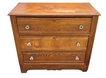 Antique Solid Oak Entryway Console / Chest Of Drawers With Glass Knobs - #BR