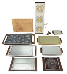 Collection Of Vintage Food Warming Trays & Bamboo Cutting Board - #S17-1