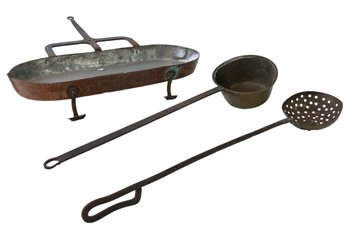 Antique Hand Forged Copper Drip Pan, Primitive Brass Dipper & Skimmer - #S3-4