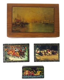 Vintage Russian Troika Lacquer Boxes & Wooden Jewelry Box With Thomas Moran Venetian Print - #S6-2