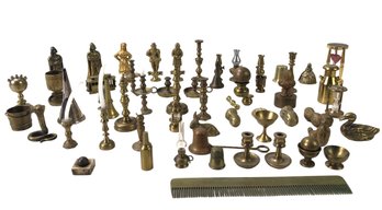 Large Collection Of Miniature Brass Figurines & Candlesticks - #S1-4