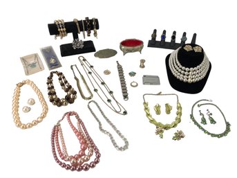 Large Collection Of Vintage Costume Jewelry, Plated Spoon, Blue Ribbon Lighter & More - #S18-3