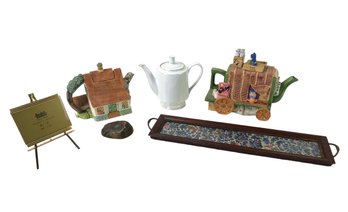 Brass Tabletop Art Easel, Chinese Embroidered Serving Tray, Teapots & More - #S18-3
