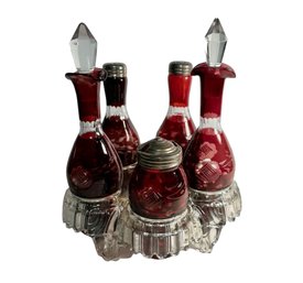 Bohemian Ruby Red Hand Etched Cut Glass Cruet Set - #S14-1