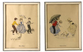 Hand Colored Lithographs By Gladys T. Gibbs, 'Three's A Crowd' & 'Duckin' The Rain' - #S12-3