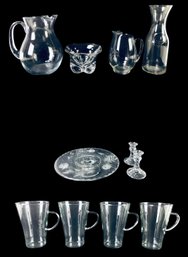 Etched Glass Cake Plate, Mid-Century Bowl, Beer Glasses, Wine Carafe & More - #S14-2