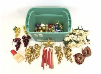 Lot Of Miscellaneous Christmas Glass Balls, Candles, Ribbon, Plastic Angels, Grapes - #S7-2