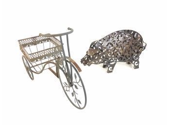 Wrought Iron Bicycle Garden Planter & Pig Candleholder - #S14-1