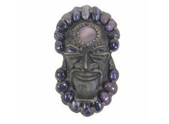 Art Pottery Sculpted Clay Mask Adorned With Amethysts, Signed Krisna Brasil - #C