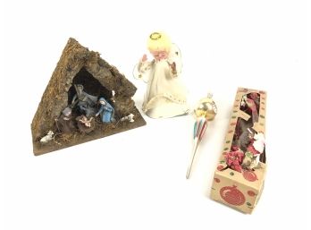 Vintage Christmas Decorations: Nativity Set, Angel Tree Topper, Glass Ornament - #S13-1