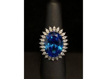 Sterling Silver Ring With Synthetic Swiss Blue Topaz Surrounded By Marquise Shaped Cubic Zirconia - #C