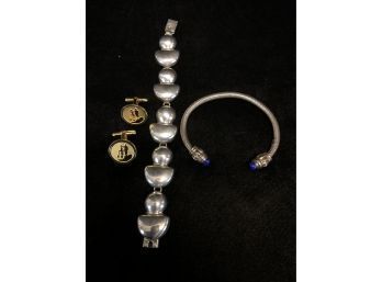 Bali Style Cuff With Lapis Cabs, Sterling Bracelet, Sterling Vermeil Cufflinks -  #A-3