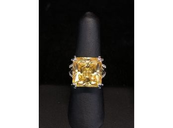 Sterling Silver Cocktail Ring With Synthetic Princess Shaped Citrine And Cubic Zirconia - #C