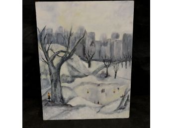 1982 Impressionist Winter Cityscape Oil Painting On Board, Artist Signed - #S2-3