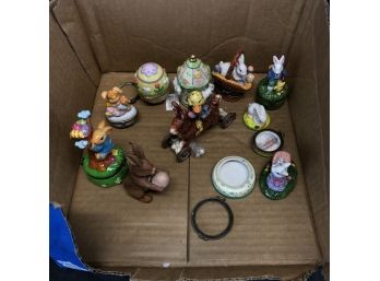 Mixed Lot Of Easter Decorations: Bunny Glass Boxes, Bunny Carousel, Bunny In Basket, Egg, Duck - #R3-2