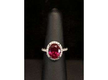 Sterling Silver Ring With Synthetic Ruby Surrounded By Cubic Zirconias - #C