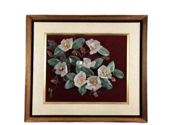 Signed Chinese Framed Camellia Bouquet Crafted From Semi-Precious Stones - #AR1