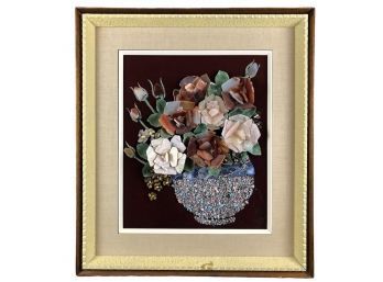 Signed Chinese Framed Rose Filled Vase Crafted From Semi-Precious Stones - #AR1