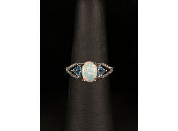 Sterling Silver Ring With Lab Created Opal, 2 Stone Trillion Blue Topaz & 4 Very Small Diamonds, Size 7 - #OC