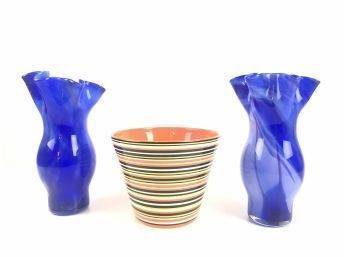 Crate & Barrel Striped Ceramic Planter & Cobalt Blue Blown Glass Vases - BS